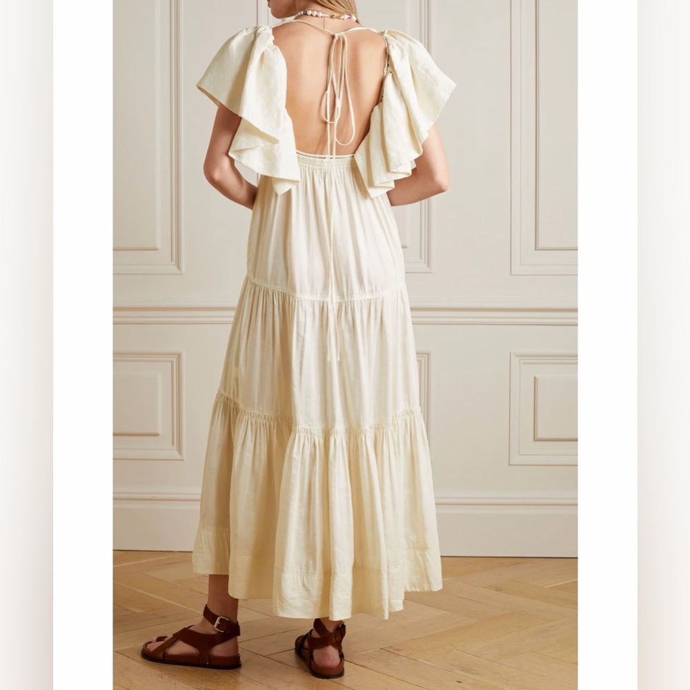 New La Ligne Stella Ruffle Shoulder Open back Linen Blend Midi Dress - Picture 10 of 14